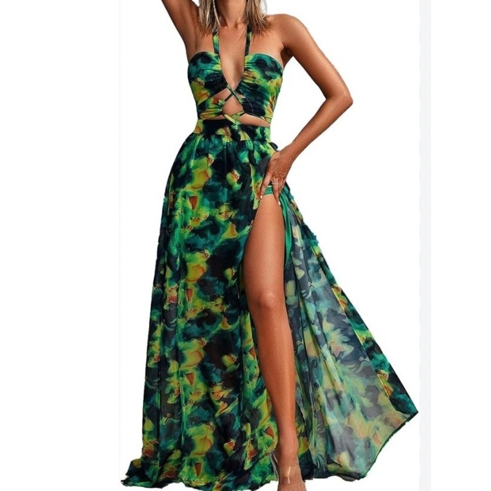 Bella Barnett Green Summer Hawaiian Tropical Halter Cutout Maxi Dress XS NWT